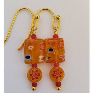 Handmade Millefiori Earrings in Orange and Multi Color with Gold Findings Cute